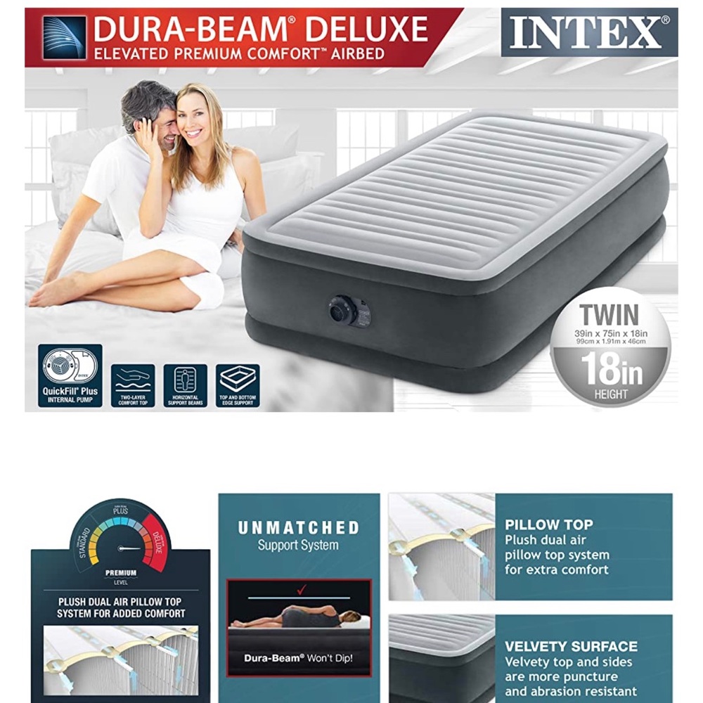 Intex Comfort Plush Elevated Dura-Beam Airbed with Internal Elec Pump 18", Twin